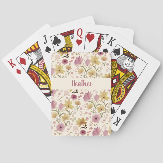 Roze wilde bloem waterverf monogram naam pokerkaarten (Achterkant)