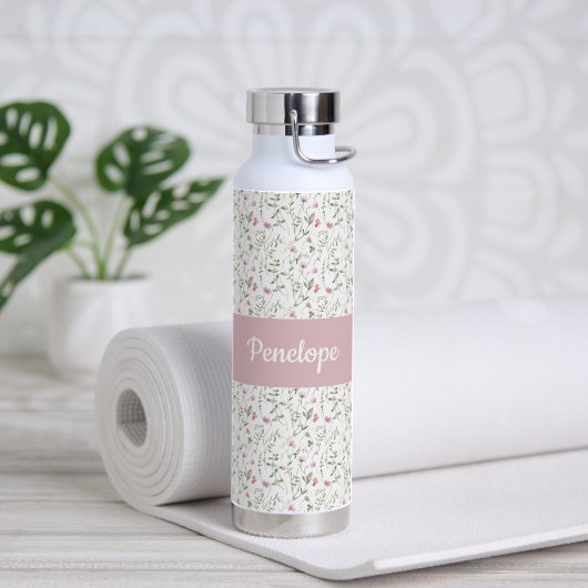 Roze wilde bloem waterverf monogram naam waterfles (Yoga (Gedraaid)  )
