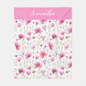 Roze Wilde Bloem Waterverf Naam Fleece Deken (Voorkant)