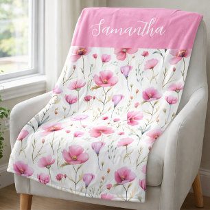 Roze Wilde Bloem Waterverf Naam Fleece Deken