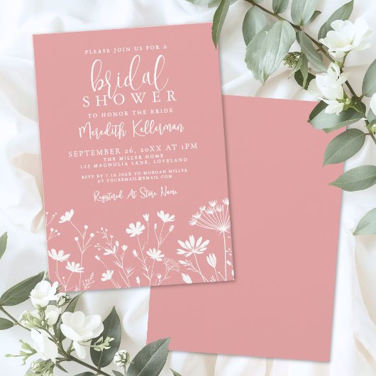 Roze Wilde Bloemen Bruidsdiner Kaart