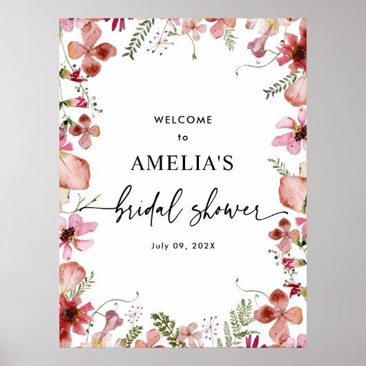 Roze Wilde Bloemen Bruidsdouche Welkomstbord Poste Poster (Voorkant)