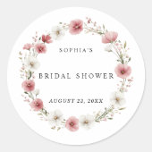 Roze Wilde Bloemen Bruiloftsdouche Ronde Sticker (Voorkant)
