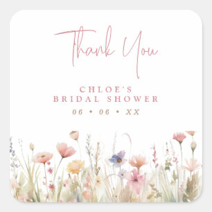 Roze Wilde Bloemen Dank Je Bruidsfeest Favor Vierkante Sticker