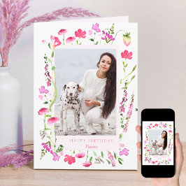 Roze wilde bloemen fijn Floral Foto Birthday Kaart