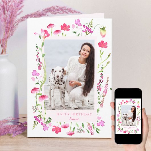 Roze wilde bloemen fijn Floral Foto Birthday Kaart