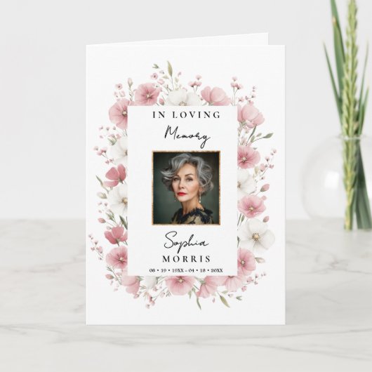 Roze Wilde Bloemen Foto Herdenkingsprogramma Funer Kaart (Voorkant)