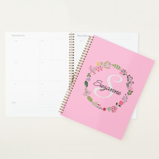 Roze Wilde Bloemen Gepersonaliseerde Monogrammed Planner (Display)