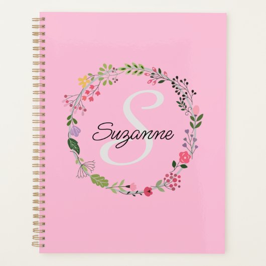 Roze Wilde Bloemen Gepersonaliseerde Monogrammed Planner (Voorkant)