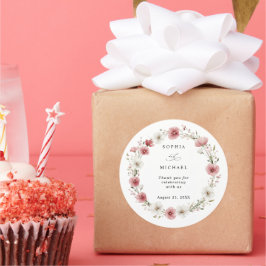 Roze Wilde Bloemen Huwelijkssticker Ronde Sticker