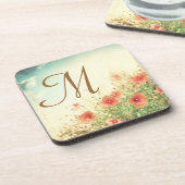 Roze Wilde Bloemen in Veld Monogram Drink Onderzet Drankjes Onderzetter (Linkerzijde)