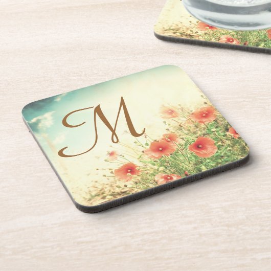 Roze Wilde Bloemen in Veld Monogram Drink Onderzet Drankjes Onderzetter (Linkerzijde)