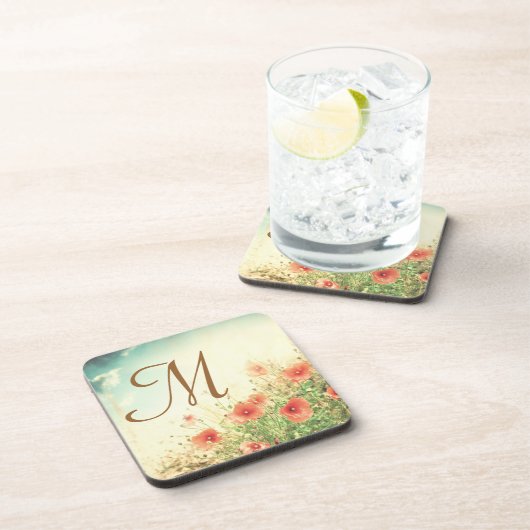 Roze Wilde Bloemen in Veld Monogram Drink Onderzet Drankjes Onderzetter (Rechterzijde)