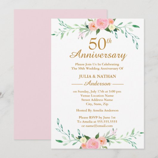 Roze wilde bloemen Jubileum voor 50e bruiloft Kaart (Voorkant / Achterkant)