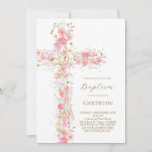 roze wilde bloemen kruis doop uitnodiging (Voorkant)