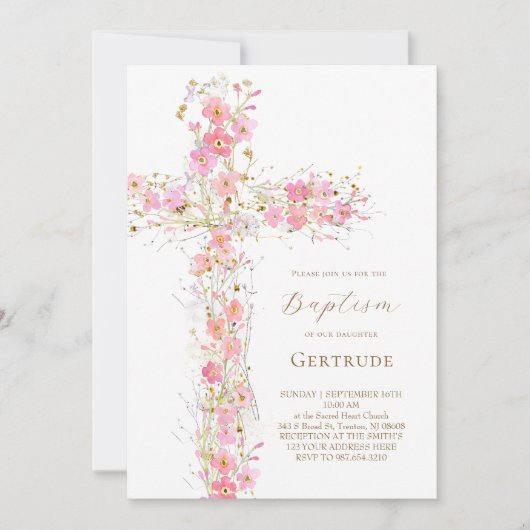roze wilde bloemen kruis doop uitnodiging (Voorkant)