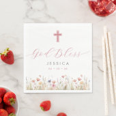 Roze Wilde Bloemen & Kruis God Zegen Doop Servet (Insitu)
