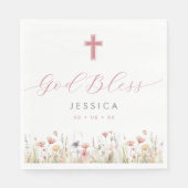 Roze Wilde Bloemen & Kruis God Zegen Doop Servet (Voorkant)
