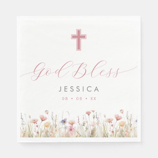Roze Wilde Bloemen & Kruis God Zegen Doop Servet (Voorkant)