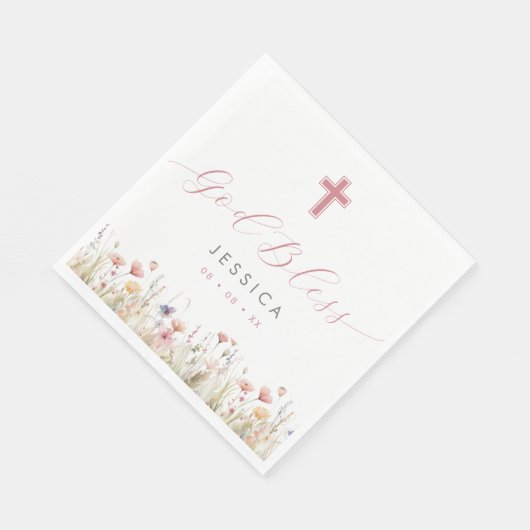 Roze Wilde Bloemen & Kruis God Zegen Doop Servet (Hoek)