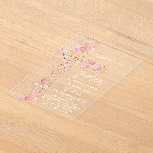 roze wilde bloemen kruisen Eerste Heilige Communie Acryl Uitnodigingen (Laagn)
