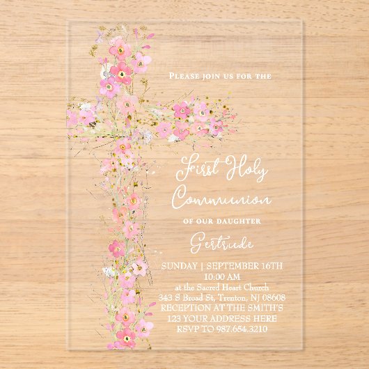 roze wilde bloemen kruisen Eerste Heilige Communie Acryl Uitnodigingen (Voorkant)