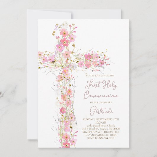 roze wilde bloemen kruisen Eerste Heilige Communie Kaart (Voorkant)