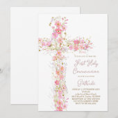 roze wilde bloemen kruisen Eerste Heilige Communie Kaart (Voorkant / Achterkant)