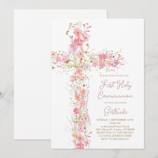 roze wilde bloemen kruisen Eerste Heilige Communie Kaart (Voorkant / Achterkant)
