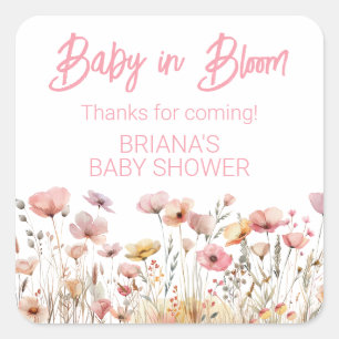 Roze wilde bloemen meisje baby shower favor vierkante sticker