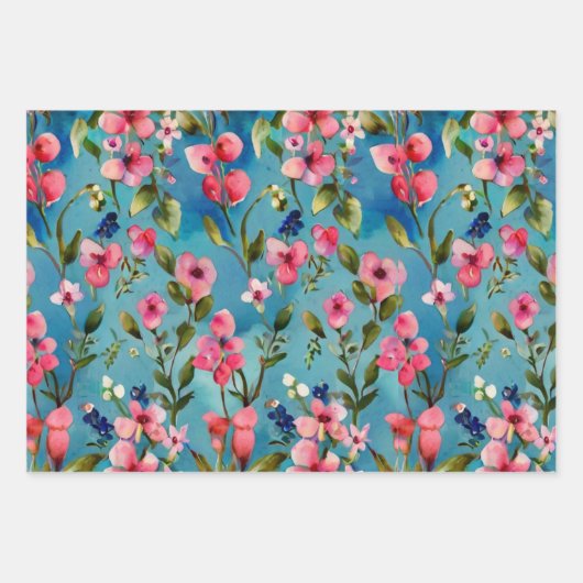 Roze wilde bloemen op blauwe achtergrond inpakpapier vel (Voorkant)