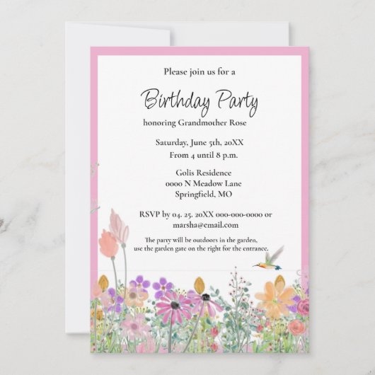 Roze Wilde Bloemen Verjaardagsfeest Uitnodiging (Voorkant)