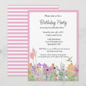 Roze Wilde Bloemen Verjaardagsfeest Uitnodiging (Voorkant / Achterkant)