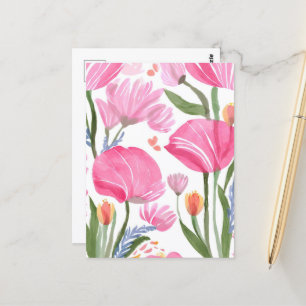 Roze Wilde Bloemen   Waterverf Bloemen Briefkaart
