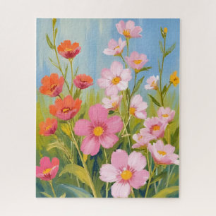 Roze wilde bloemen   Waterverf bloemenschilderij Legpuzzel