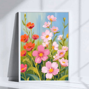 Roze wilde bloemen   Waterverf bloemenschilderij Poster