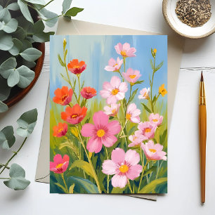 Roze Wilde Bloemen   Waterverf Bloemenschildering Briefkaart