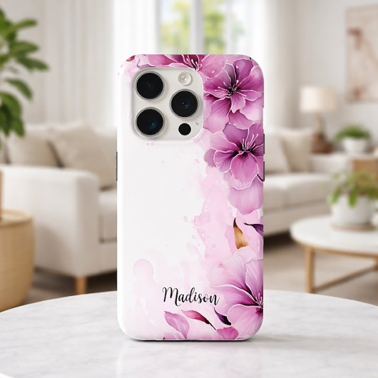 Roze wilde bloemen Waterverf met naam Case-Mate iPhone Case