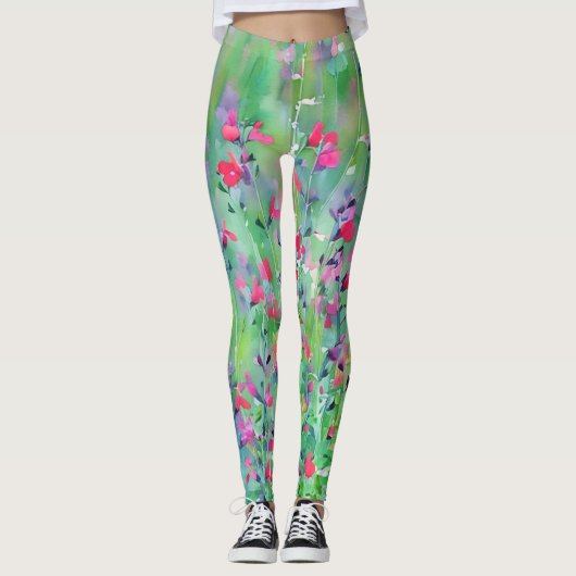 Roze wilde bloemen weide kunst leggings (Voorkant)