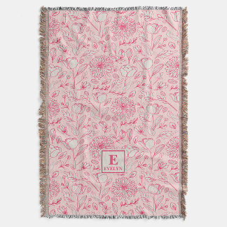 Roze wilde bloemen werpdeken met monogram deken