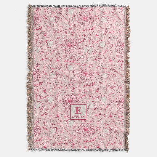 Roze wilde bloemen werpdeken met monogram deken