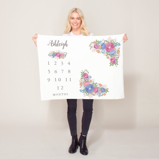 Roze wilde bloemen Witte Baby Maandelijkse mijlpaa Fleece Deken (In situ)