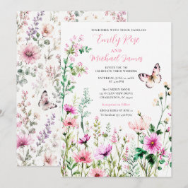Roze Wilde Bloementuin Trouwfeest Kaart