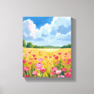 Roze wilde bloemenveld bloemenschildering in water canvas afdruk