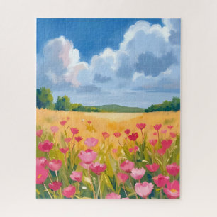 Roze wilde bloemenveld bloemenschildering in water legpuzzel