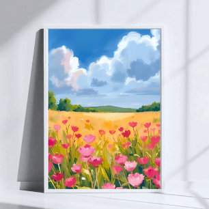 Roze wilde bloemenveld bloemenschildering in water poster