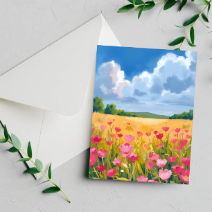 Roze wilde bloemenveld bloemschildering in waterve