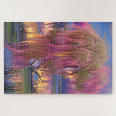Roze wilde boom op zonsondergang door de vijver legpuzzel (Horizontaal)