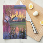 Roze wilde boom op zonsondergang door de vijver theedoek (Quarter Fold)