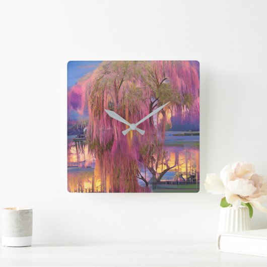 Roze wilde boom op zonsondergang door de vijver vierkante klok (Huis)